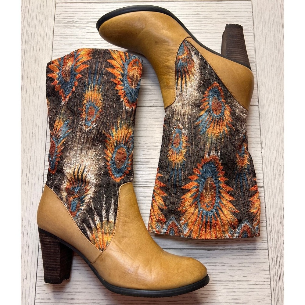 Peacock‎ western boho style 3" heeled mid calf boots Fabric and leather uppers 8